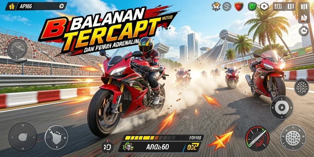 Screenshot gameplay API66 menampilkan balapan motor yang intens.
