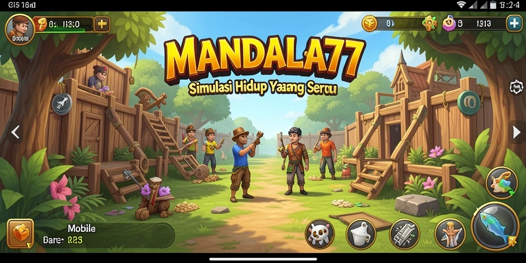 Screenshot gameplay MANDALA77 menampilkan karakter dalam aktivitas sehari-hari.
