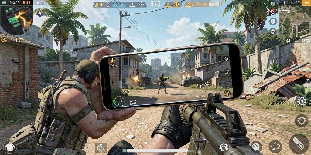 Screenshot gameplay NEX777 menampilkan aksi tembak-menembak yang intens dan mendebarkan.