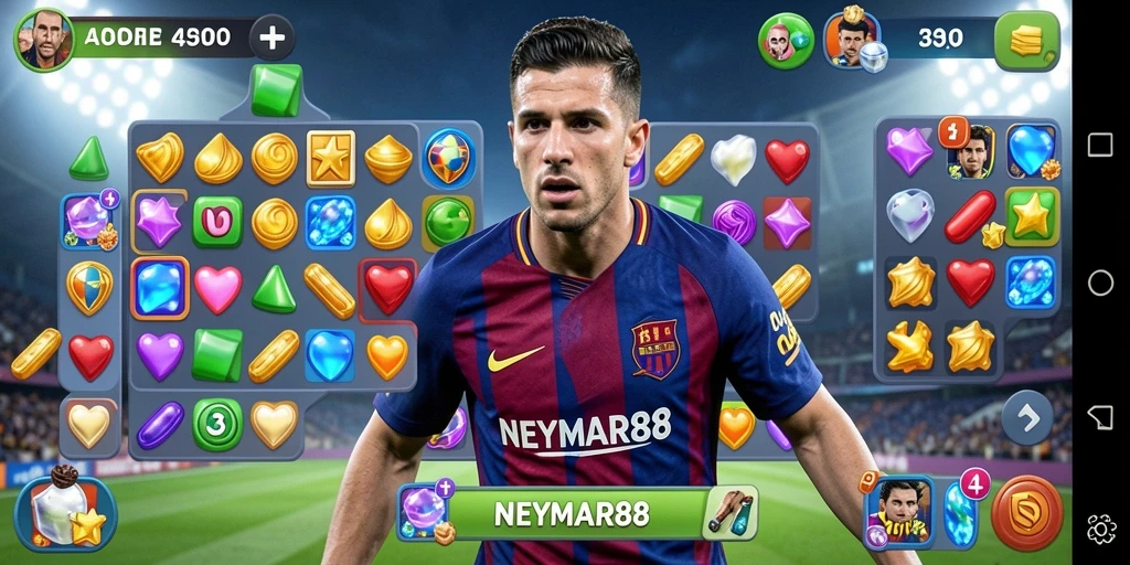 Screenshot utama NEYMAR88 menampilkan gameplay seru Match-3 yang penuh warna.