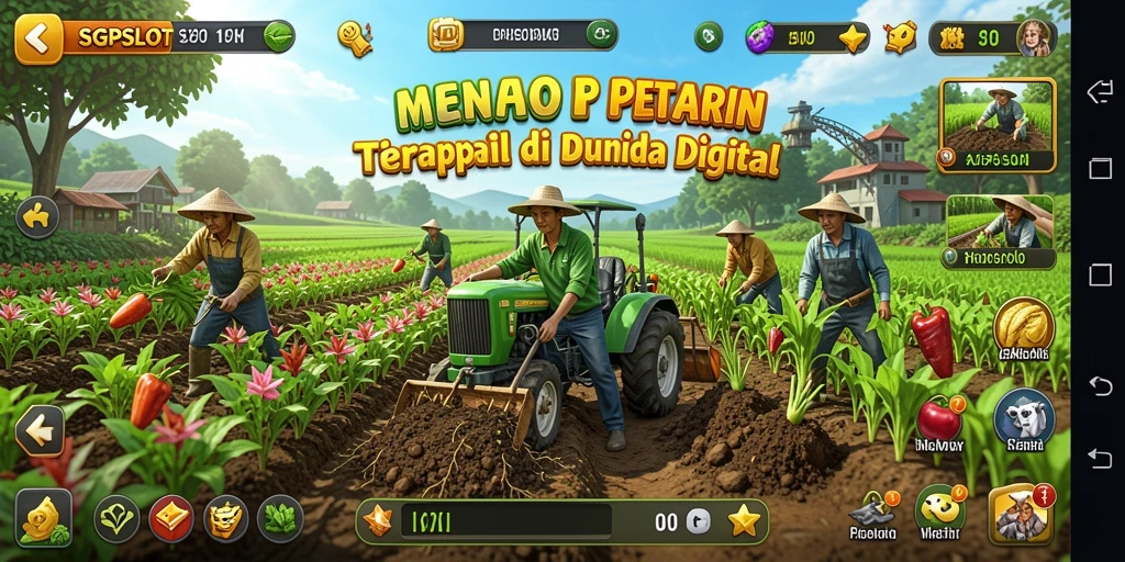 Tampilan gameplay petani sedang merawat kebun yang subur.